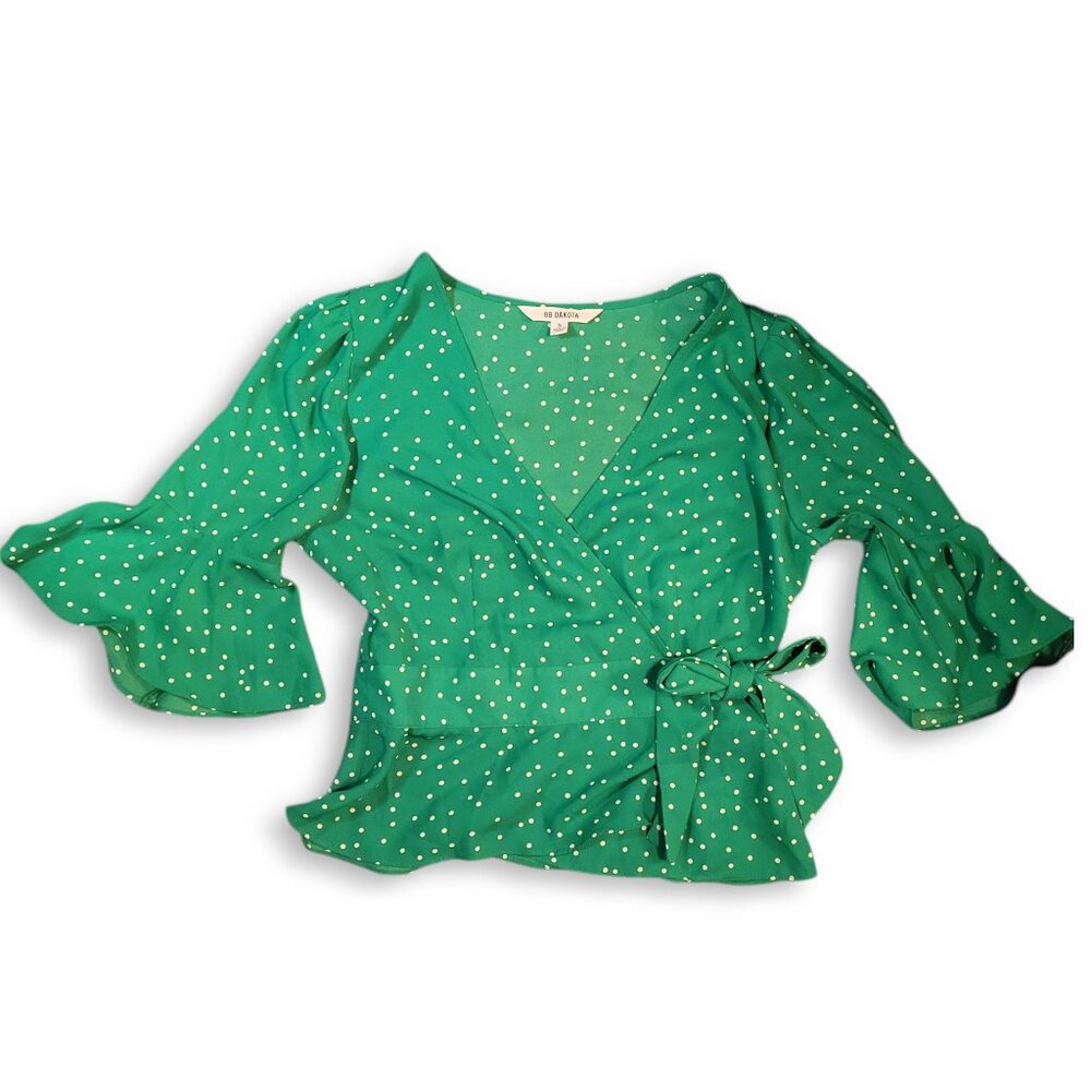 BB DAKOTA - Bright Green & White Polka Flared Sleeve Wrap Blouse Size Small